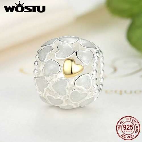Openwork Pearl White Heart Charm with Gold Hearts fits Pandora Bracelets