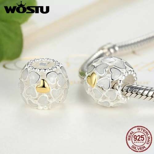 Openwork Pearl White Heart Charm with Gold Hearts fits Pandora Bracelets