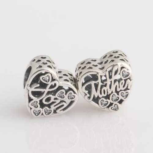 S925 Mother Son Bond Openwork Heart Charm fits Pandora Snake Chain Bracelet