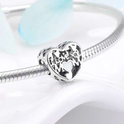 S925 Sterling Silver I Love You Mom Heart-Shaped Charm Bead fits Pandora Bracelet
