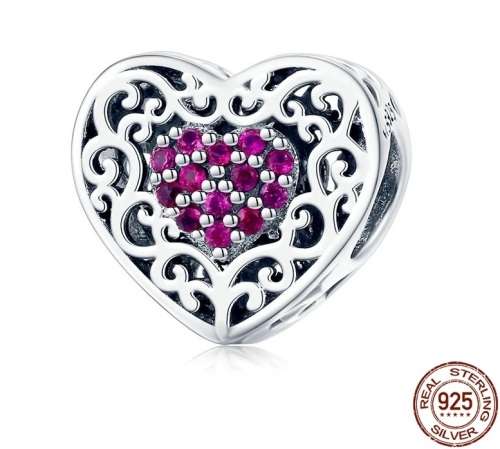 S925 Pink Heart on Filigree Heart Charm fits Pandora Snake Chain Bracelet