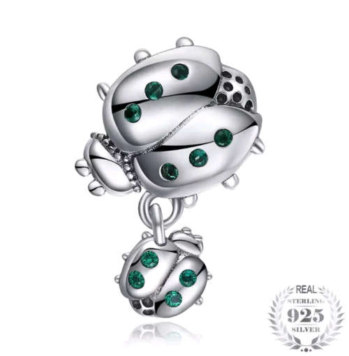 S925 Mother Child Ladybird Dangle Charm fits Pandora Snake Chain Bracelet