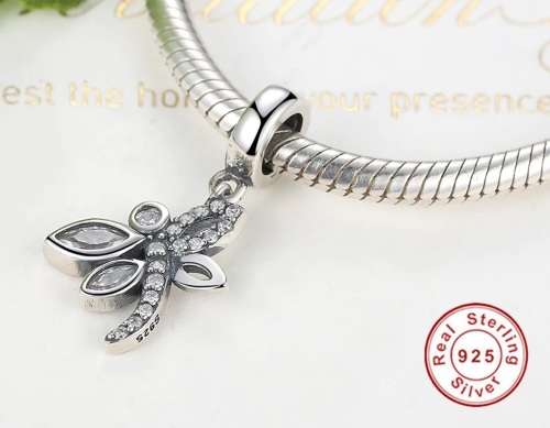 S925 Sterling Silver Dragonfly Dangling Charm fits Pandora Snake Chain Bracelet