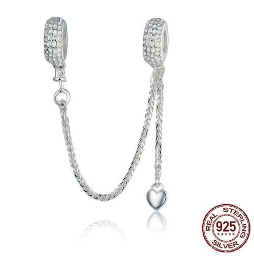 Sterling Silver Dangling Heart Safety Chain fits Pandora Bracelets