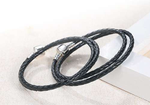 Double Strand Black Genuine Leather & Sterling Silver Bracelet, size 19