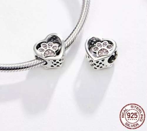 S925 Pet's Paw Heart Shaped Charm fits Pandora Snake Chain Bracelet
