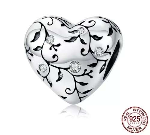 S925 Leaves and Zirconia Detail Heart Charm fits Pandora Snake Chain Bracelet