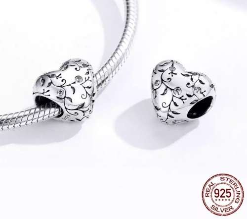 S925 Leaves and Zirconia Detail Heart Charm fits Pandora Snake Chain Bracelet