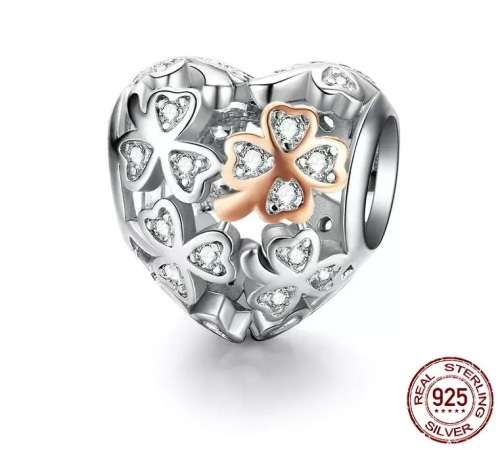 S925 Clover Openwork Heart Charm fits Pandora Snake Chain Bracelet