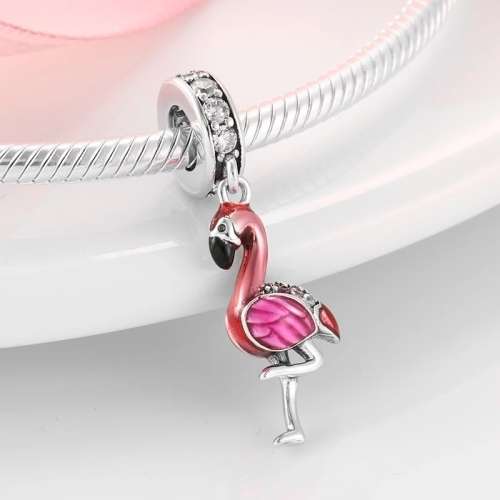 S925 Pink Flamingo Dangle Charm fits Pandora Snake Chain Bracelet