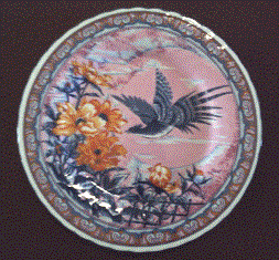 Imari blue rimmed plate with bird and flower (see description below)