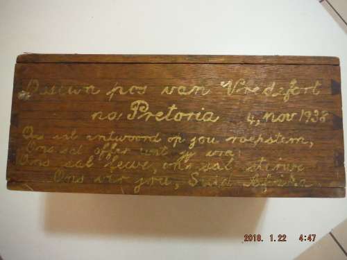 Ossewa pos herdenking hout kas. Vredefort Eeufees 1838-1938