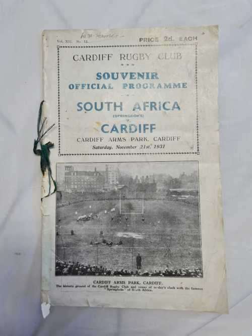 South Africa vsCardiff 21 November 1931 Program ULTRA RARE SPRINGBOKS 1931 TOUR