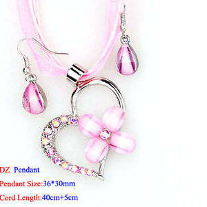 Pink rhinestones heart flower necklace earrings set