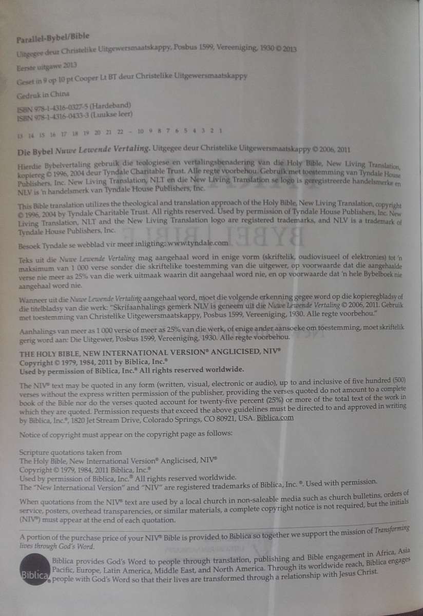 Bible - The Parralel Bible/Die Parralel Bybel - NIV - 2013 - Exceptional!