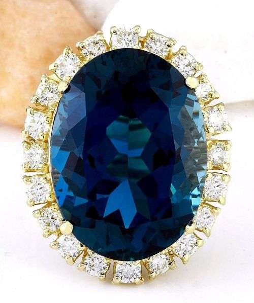 SPECIAL -18K SOLID YELLOW GOLD 20.44 CT LONDON BLUE TOPAZ-1 CT DIAMOND RING-5400 DOLLARS
