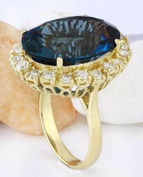 SPECIAL -18K SOLID YELLOW GOLD 20.44 CT LONDON BLUE TOPAZ-1 CT DIAMOND RING-5400 DOLLARS