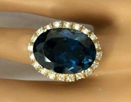 SPECIAL -18K SOLID YELLOW GOLD 20.44 CT LONDON BLUE TOPAZ-1 CT DIAMOND RING-5400 DOLLARS