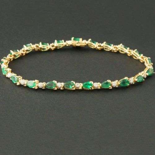 LUXURY 14K SOLID YELLOW GOLD 35 CTTW EMERALD and DIAMOND TENNIS BRACELET