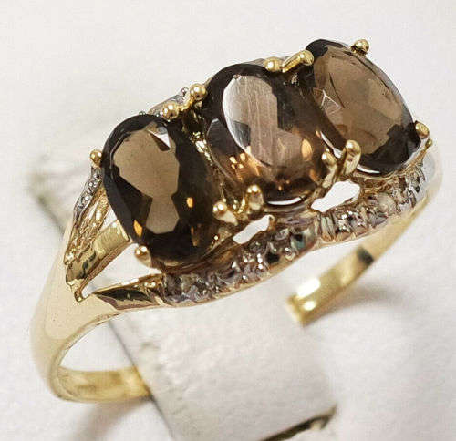 STUNNING 9CT SOLID YELLOW GOLD NATURAL SMOKY TOPAZ and DIAMOND RING (INVEST NOW IN GOLD)