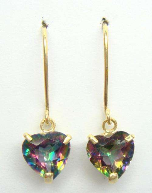 **STUNNING**BEAUTIFUL HEART SHAPED MYSTIC TOPAZ EARRINGS IN 9CT SOLID GOLD