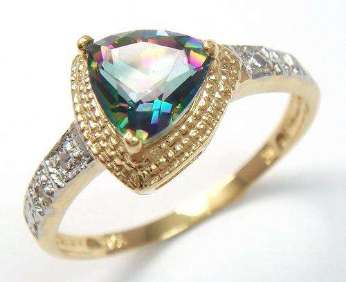 **STUNNING**9CT Y/GOLD 6MM TRILLION MYSTIC TOPAZ & DIAMOND RING