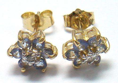 GREAT 9KT SOLID YELLOW GOLD TANZANITE PLUM BLOSSOM STUD EARRINGS
