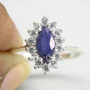 SAPPHIRE (NATURAL)& CUBIC ZIRCONIA 14K WHITE GOLD COATING 925 SILVER RING