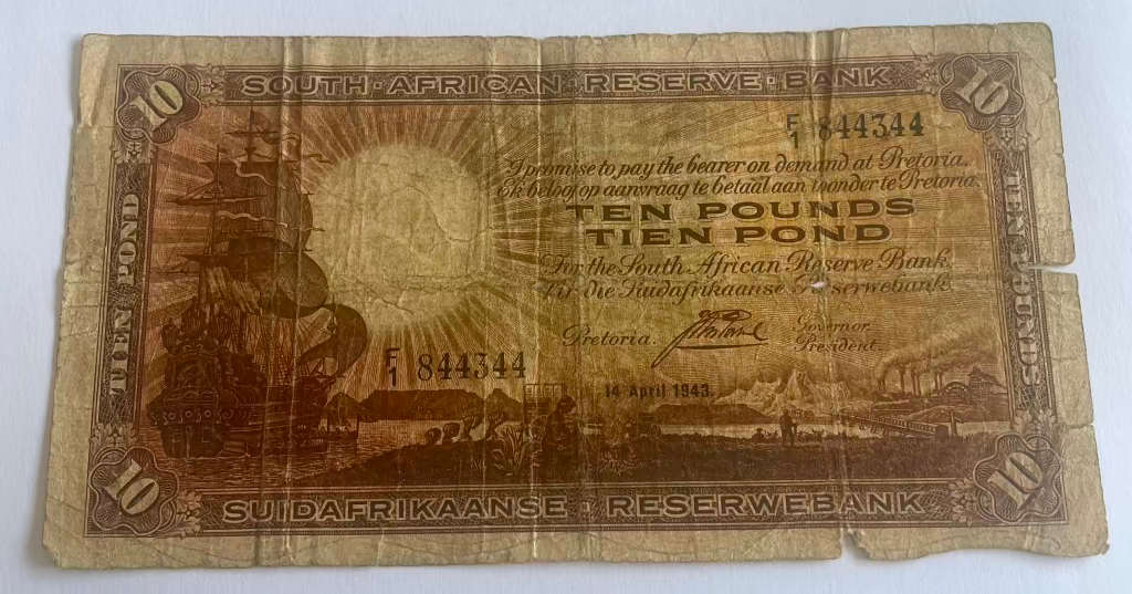 J.POSTMUS 10 POUND 1943 APRIL 14TH ENG/AFI - 844344 FIRST ISSUE VAN RIEBEECK WTM