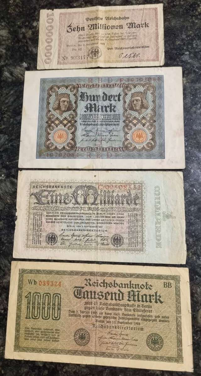 GERMANY SET - 10 MILLION 1923 - 1 BILLION 1924, 1000 1922 & 100 1920 MARK BANKNOTES