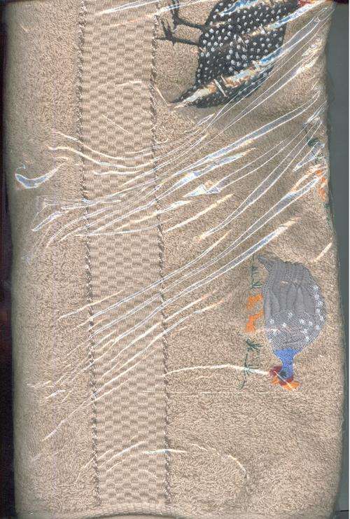 Khaki bath sheet. Guinea fowls