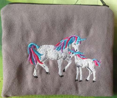 Embroidered makeup /treat bag Unicorn on lilac mock suede