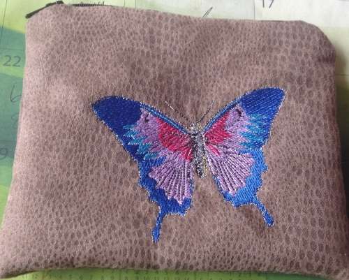 Embroidered makeup /treat bag Butterfly on brown mottled