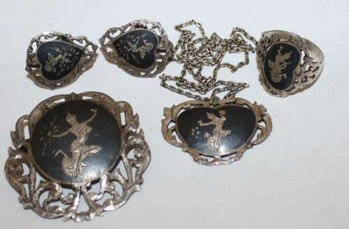 Siam Silver-Black Siam Bali Dancers-Set-Brooch,Pendant,Ring, and Earrings.