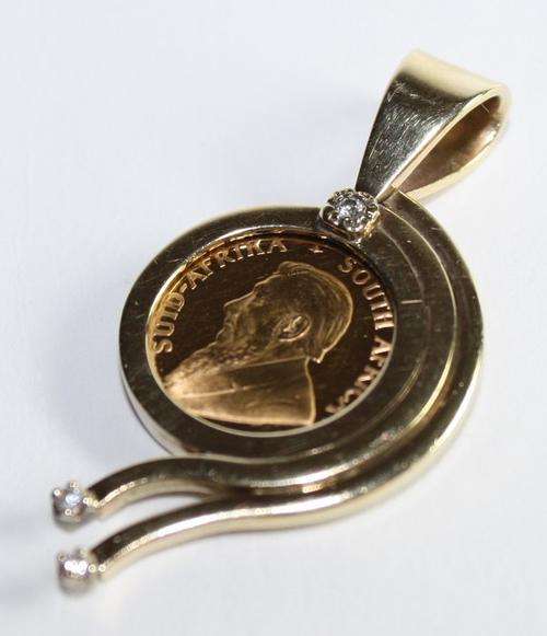 1985 Kruger Rand 1/10th-1985- set in Gold and Diamonds Pendant.