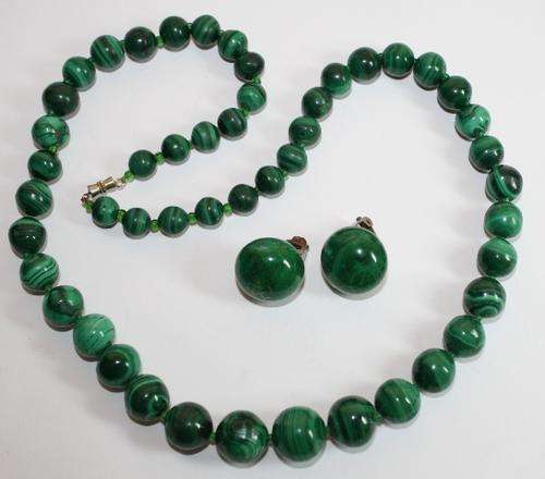 Malachite Necklace with Clip on Earrings-56CM Long.