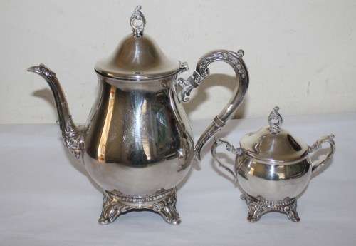 Coffee Pot and Sugar Bowl-Silver Plated-Beautiful Design-Good Condition