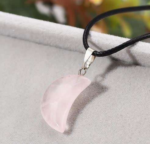 Rose Quartz Crescent Moon Pendant on Leather Necklace