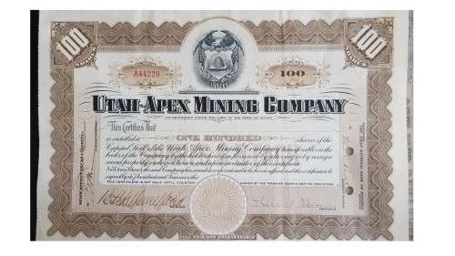 UTAH-APEX MINING COMPANY 1847  100 SHARES DOCUMENT