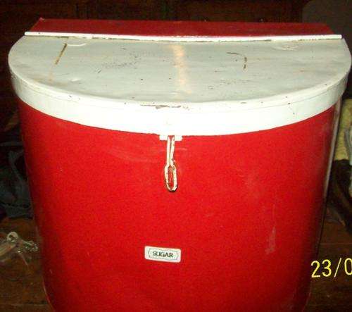BIG PAINTED RED TIN CONTAINER