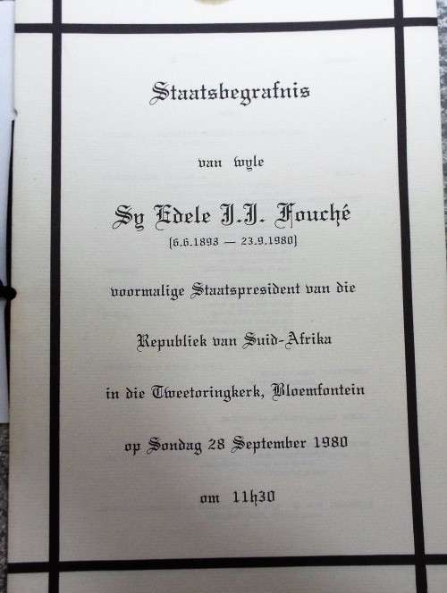 STAATSBEGRAFNIS BRIEF VAN DR N DIEDERICHS EN SG EDELE J J FOUCHE