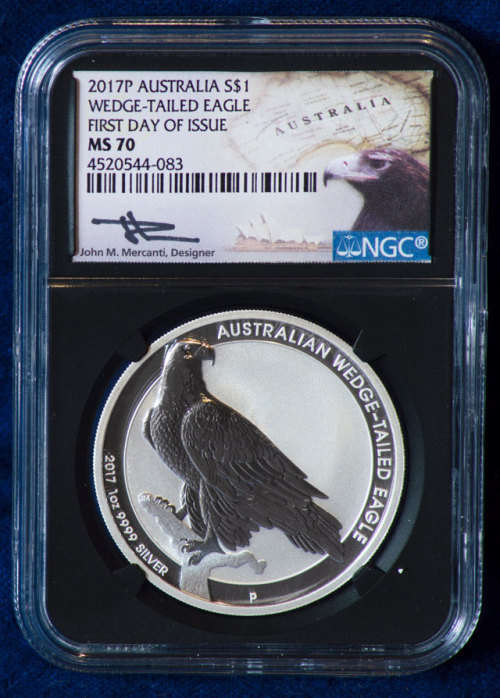2017 Australia 1 oz Silver Wedge-Tailed Eagle $1 NGC MS70 Early Releases (Mercanti Signed Label)