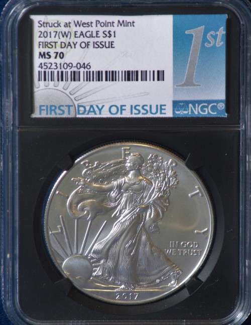 2017 (W) American Silver Eagle (1 oz) First Day of Issue Standish Label Black $1 MS70 NGC