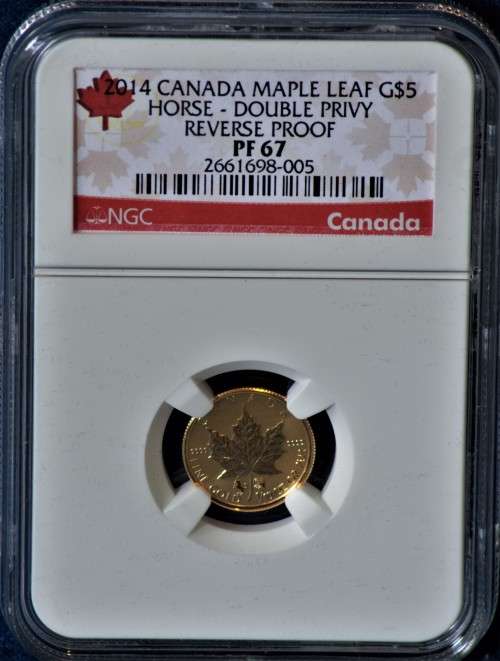 2014 CANADA G$5 HORSE DOUBLE PRIVY COIN IN NGC PF67. ONLY 250 PIECES WERE MINTED