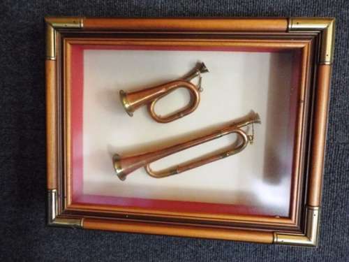 SUPER NICE framed copper bugle set     ,,,INVESTMENT ART