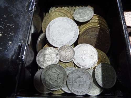 WOW huge hoard of COINS AND  NOTES some silver in vintage money box  at R1 start