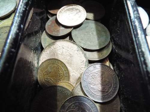 WOW huge hoard of COINS AND  NOTES some silver in vintage money box  at R1 start