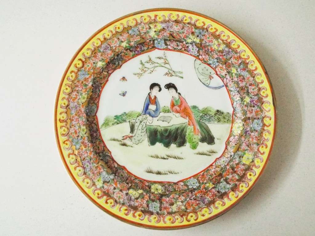 Vintage Asian Porcelain  Decorative Plate Hand Painted Macau Women