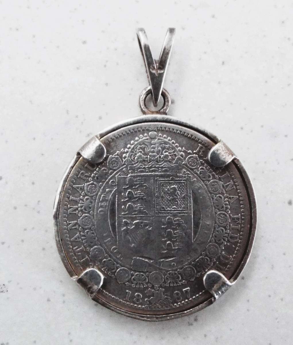 nice silver coin pendant  925 2 SHILLING 1887 Antique