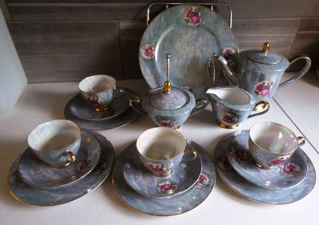 Vintage Tea Set  4  Trios, Milk Jar, Sugar Bowl, Tea Pot and Cake Plate (mother of pearl)